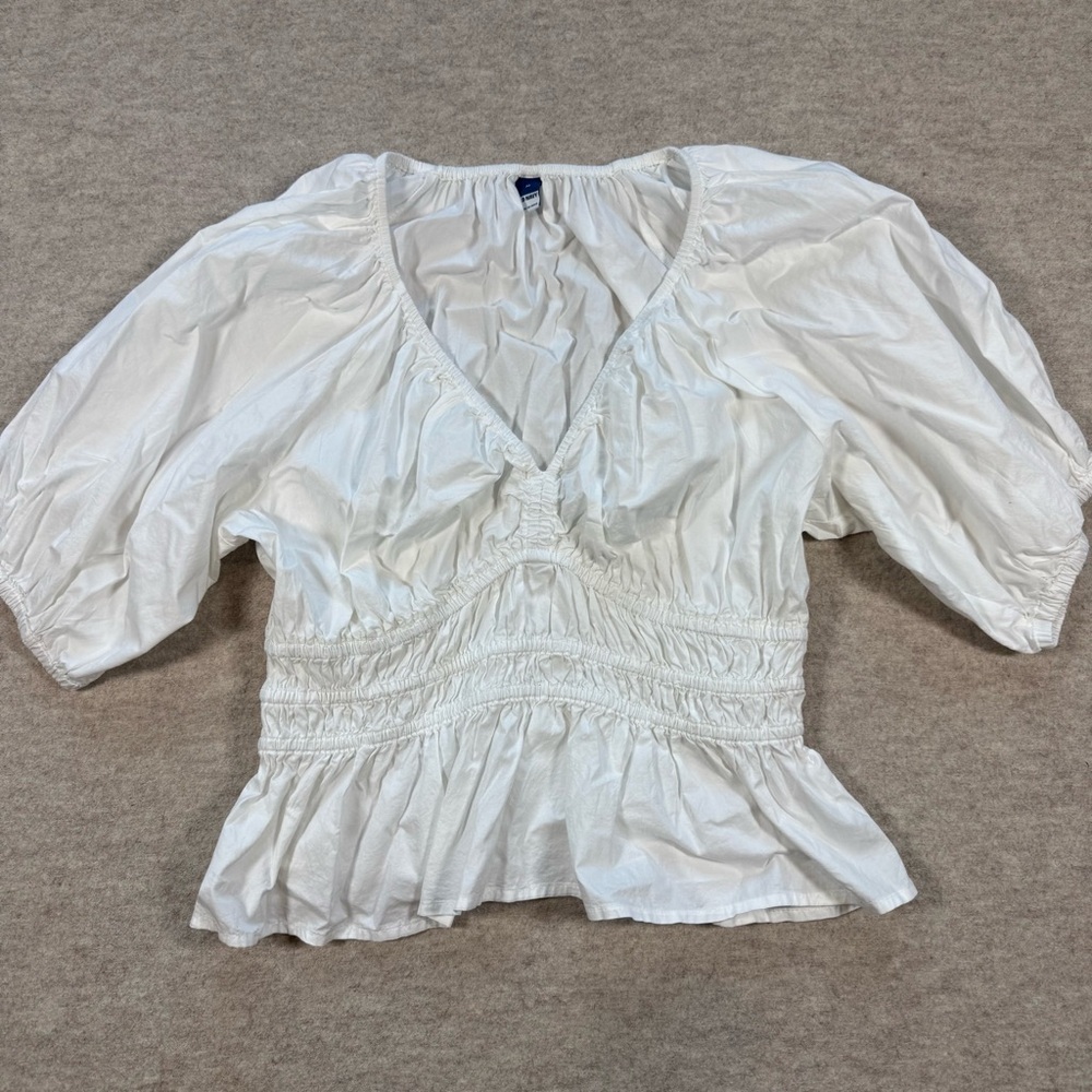 Old Navy White V-Neck Smocked Peasant Top